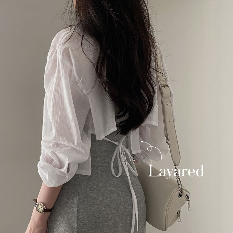 Korean chic summer long-sleeved chiffon sunscreen shirt with discreet design, back strap, backless short shirt for women
