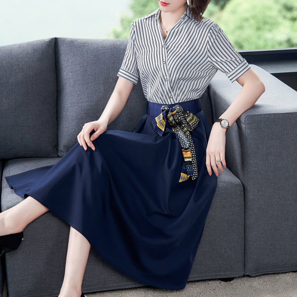 RM14807#夏季新款连衣裙女法式复古收腰条纹假两件裙子