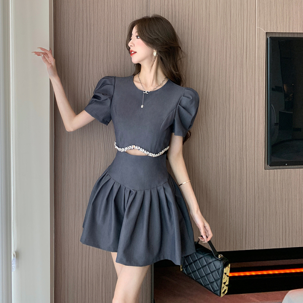 RM21345#重工镶钻镂空背心连衣裙女夏季新款气质显瘦小个子短袖