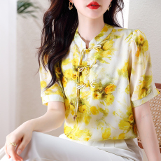 批发2026新款韩国气质显瘦立领印花蝴蝶结套头短袖雪纺衬衫女夏季