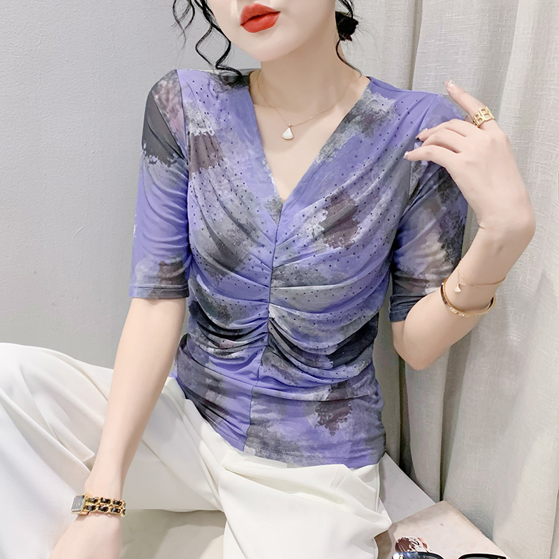 RY191# 2026春夏新款时尚印花V领褶皱网纱烫钻短袖T恤碎花上衣小衫...