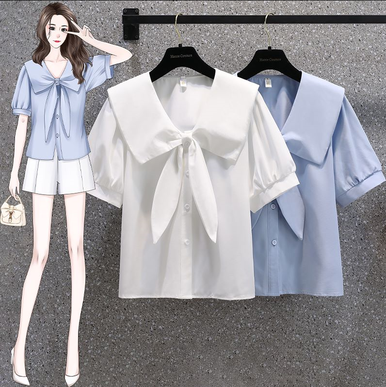 실사 베이비 칼라 셔츠 디자인 센스 작은 대중 셔츠 지방 mm 프랑스식 Chic 나비 매듭 맨위 m-4xl200 근