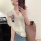 可爱兔子刺绣拼色V领单排扣短袖上衣2023夏季新款薄料绢丝开衫女轮播图2