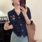 可爱兔子刺绣拼色V领单排扣短袖上衣2023夏季新款薄料绢丝开衫女轮播图4