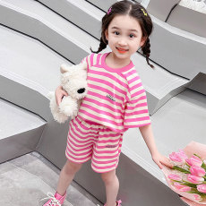 批发黑白条纹休闲套装女2026夏季新款女<b class='q'>童</b><b class='q'>儿童</b>韩<b class='q'>版</b>套头短袖短裤两件套