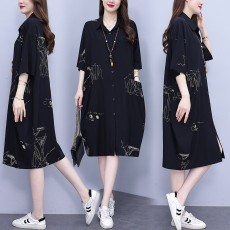 批发大码胖MM遮肉显瘦衬衫中长裙2026夏季新款时尚潮流<b class='q'>印花</b>宽松<b class='q'>连衣裙</b>