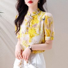 批发新款韩国复古气质立领盘扣<b class='q'>印花</b>短袖雪纺衬衫女夏季薄款上衣