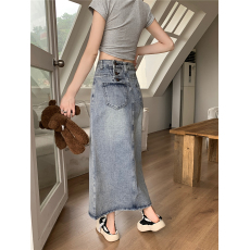 批发实拍新品排扣装饰设计高腰<b class='q'>显瘦</b>包臀牛仔裙洗水开叉半身中长裙女
