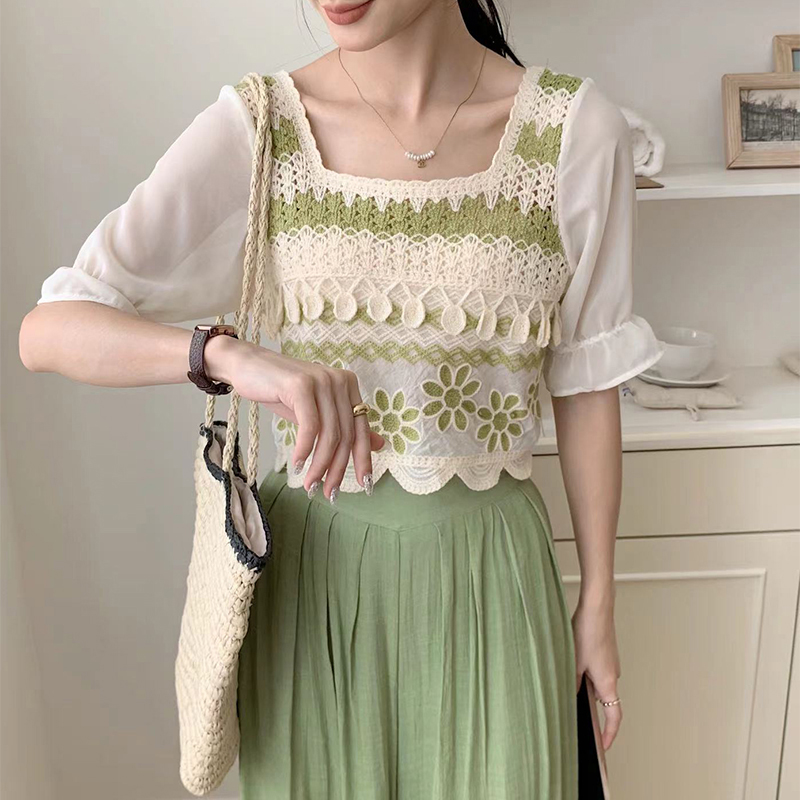 Korean style hollow square neck sweater for women summer new style spliced ​​organza puff sleeve short top