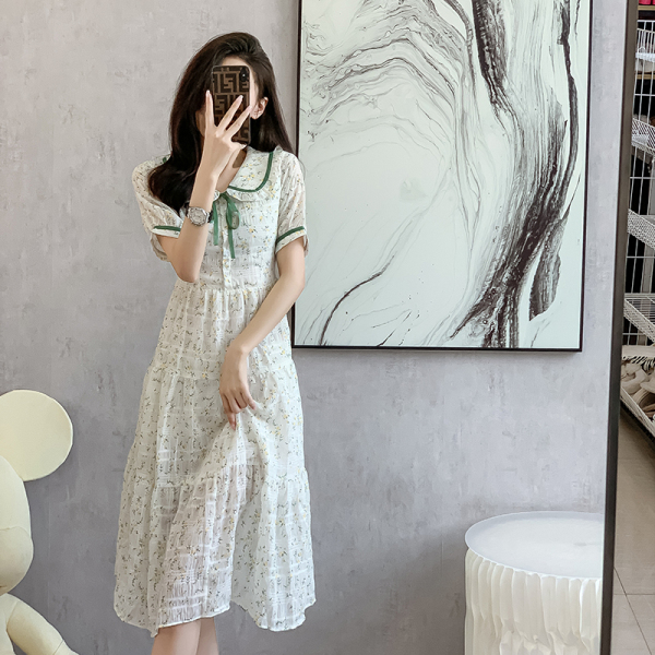 RM14452#绿色碎花连衣裙女2023夏季新款法式气质淑女温柔风雪纺裙子