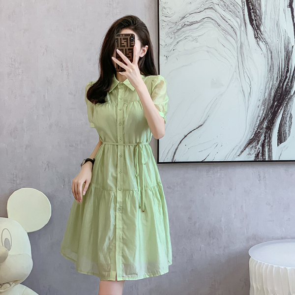 RM14453#连衣裙女2023夏季新款时髦洋气中长款减龄泡泡袖气质收腰衬...