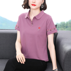 批发2026新款宽松短袖T恤女纯棉半袖上衣<b class='q'>妈妈装</b>有领POLO衫夏
