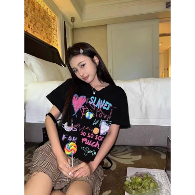 6375#显瘦甜辣妹风超短宽松漏肚脐卡通涂鸦印花女T恤韩版