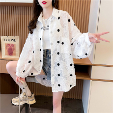 批发官图聚酯纤维夏季2026波点设计POLO领长袖防晒<b class='q'>衬衫</b>女