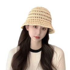 批发夏天渔夫帽女韩版毛边撞色条纹百搭水桶帽显脸小镂空透气遮阳盆帽