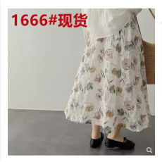 批发日韩外贸<b class='q'>尾</b>货<b class='q'>品牌</b>剪标女装~木槿碎花精梳棉盐缩A字中长款半身裙