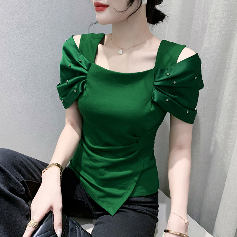 2026# 유럽 상품 여름 새로운 못 훈련 Pleat 소매 오프숄더 높은 품질 여성 패션 티셔츠 작은 셔츠