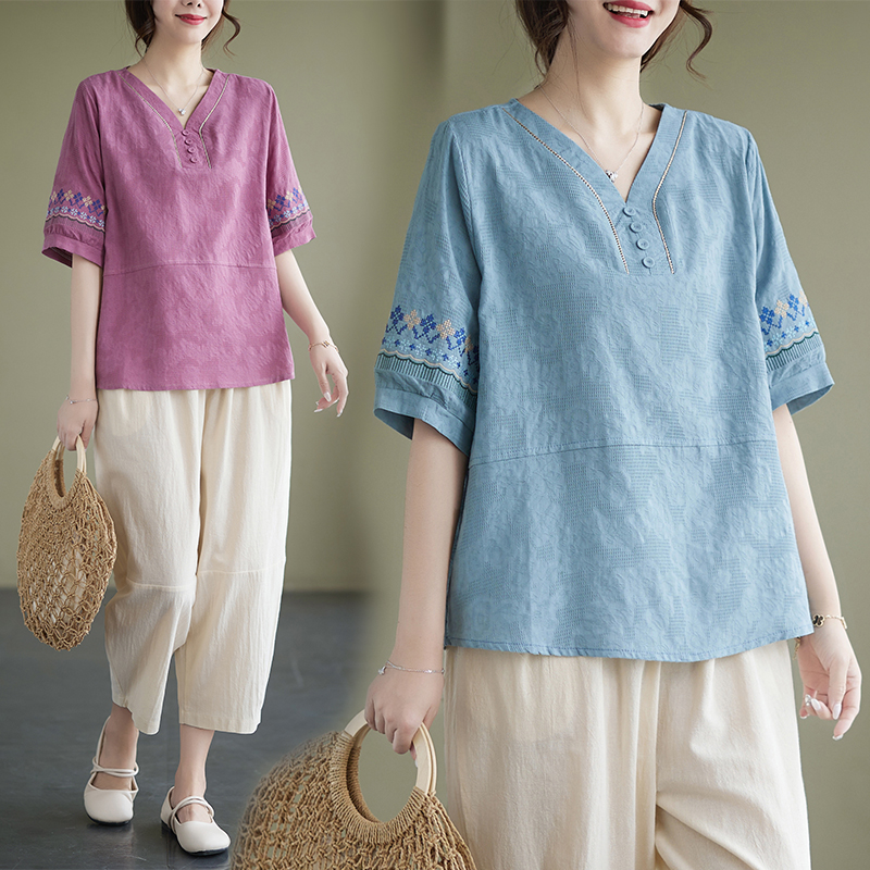 RY228# 实拍妈妈装夏款棉麻文艺宽松中袖V领上衣短袖T恤+阔腿裤两件套...