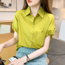 批发实拍洋气显瘦夏季新款女装短袖翻领纯色雪纺开衫衬衫打底衫衬衣
