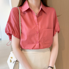批发实拍洋气显瘦夏季新款女装短袖翻领纯色雪纺开衫衬衫打底衫衬衣