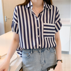 批发实拍洋气显瘦夏季新款女装短袖翻领纯色雪纺<b class='q'>开衫</b>衬衫打底衫衬衣