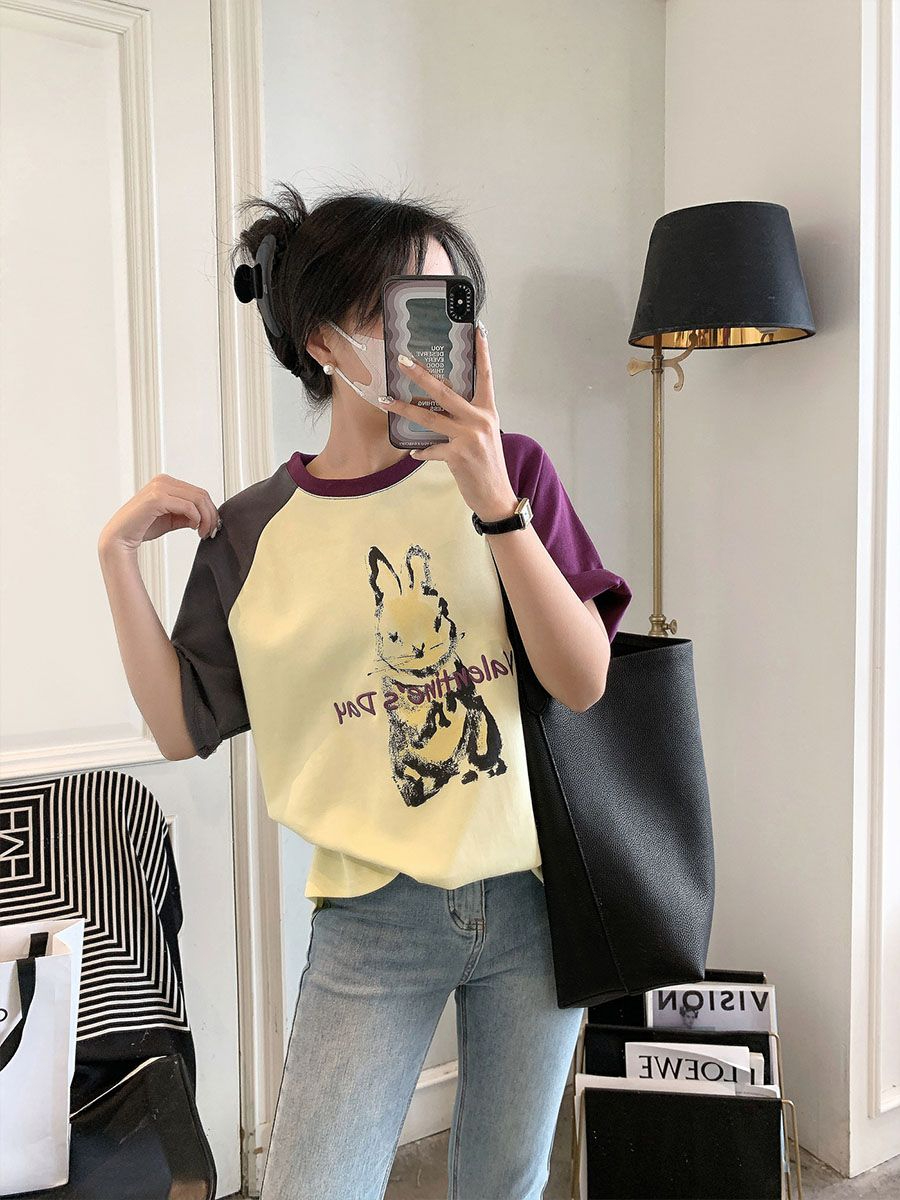 Official picture net price 21 cotton 230 grams new Korean style fashion loose and thin cotton hit color short-sleeved T-shirt