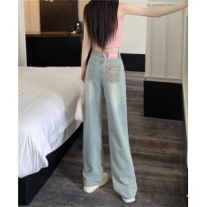 批发实拍设计感大码牛仔裤女潮口袋流苏皮牌阔腿胖mm直筒拖地裤宽松