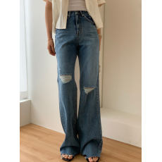 批发现 高腰水洗破洞可卷边<b class='q'>直筒</b><b class='q'>牛仔裤</b>