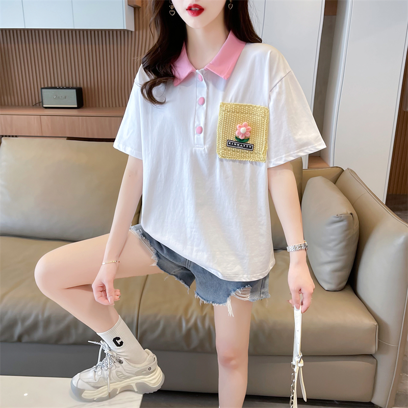 Actual shot of 2024 summer Korean style loose waffle POLO collar patch large size short-sleeved T-shirt for women