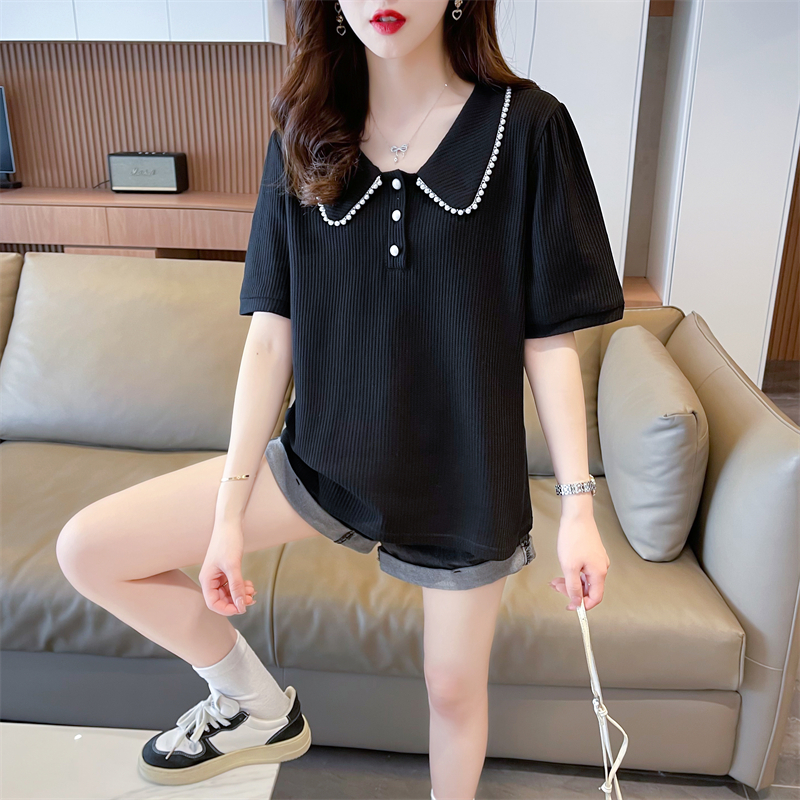 Actual shot of 2024 summer Korean style loose waffle doll collar solid color large size short-sleeved T-shirt for women