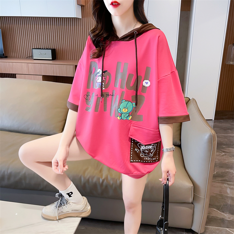 Real shot 2024 summer Korean style loose hooded pocket cartoon print large size short-sleeved T-shirt for women
