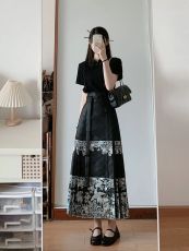 新中式国风女装明制改良汉服成人黑色马面裙套装半身裙2023新款夏