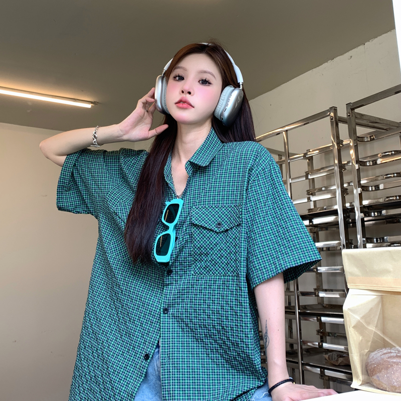 아메리칸 레트로 막대기 가방 격자 무늬 셔츠 여름 얇은 스타일 여성 루즈핏 다용도 셔츠 반팔 소년 센스 오픈 가디건 맨위