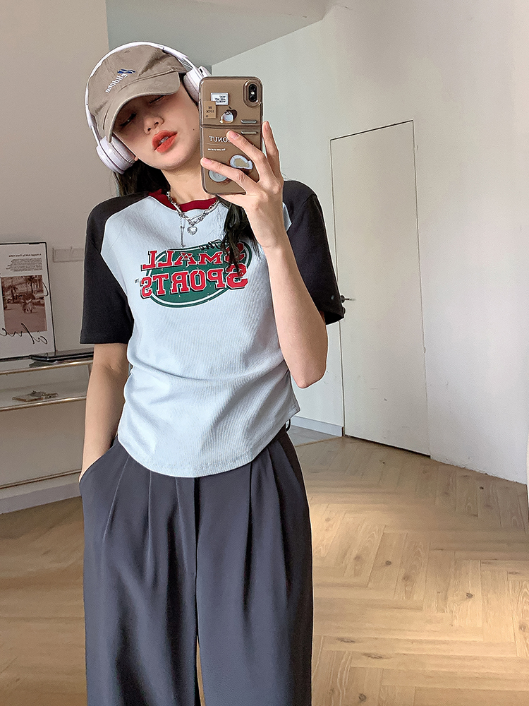 Real Shot - American Vintage T-shirt Women's Summer New Raglan Short Sleeve Underlay Shirt Waistband Cotton Round Neck Short Top