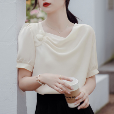 批发已出货2026新款缎面气质立体<b class='q'>花朵</b>短袖衬衫雪纺衫夏法式褶皱上衣