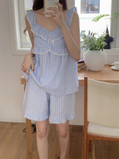 实拍 夏季ins新品 纯棉可调节吊带花边蝴蝶结设计睡衣套装少女