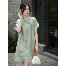 批发SQB684038MG 夏季国风桑蚕丝<b class='q'>欧根纱</b>重工绣花新中式旗袍连衣裙