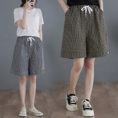 批发实拍系带松紧腰薄款棉麻休闲格子<b class='q'>短裤</b>文艺大码阔脚<b class='q'>裤</b>