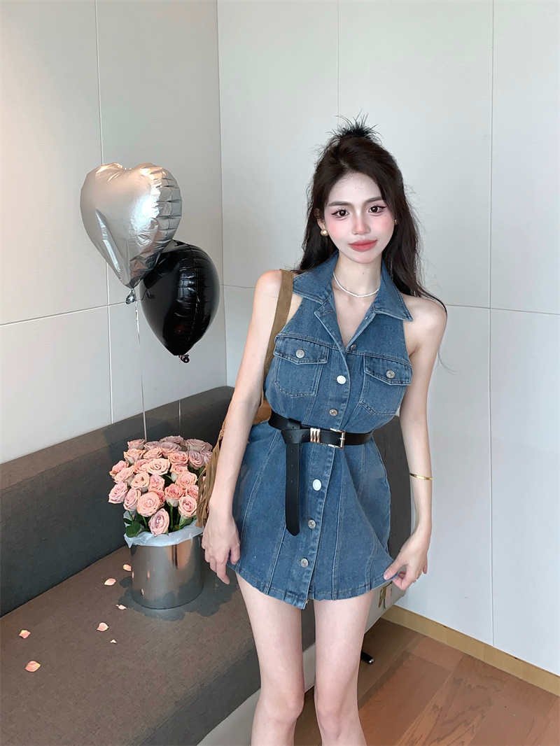 Real price Loose age-reducing wash retro blue lapel single-breasted one-piece shorts with belt denim short