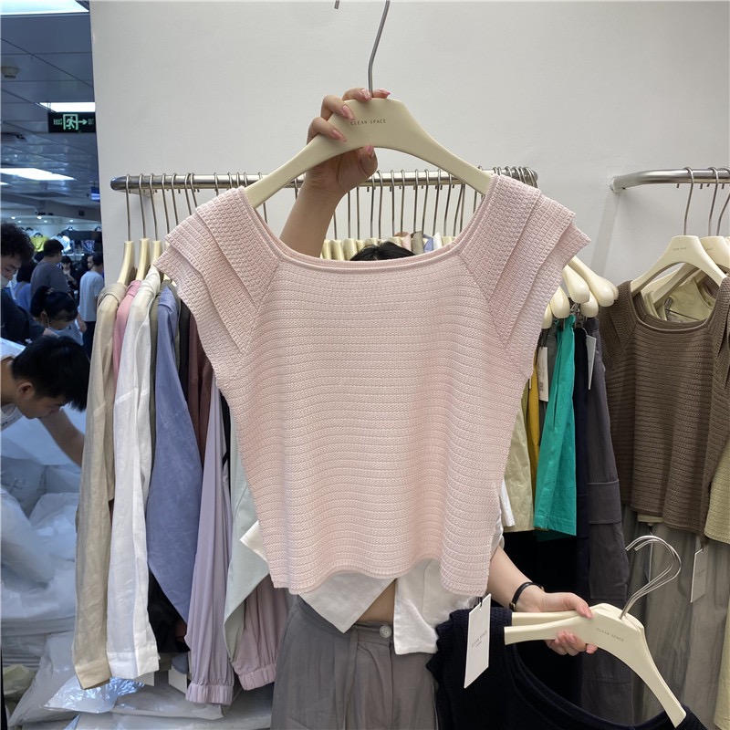 2023 Summer Gentle and Sweet Little Flying Sleeves Age-Reducing Vest Shoulder Vest Slim Thin Knitted Pullover Tops for Women