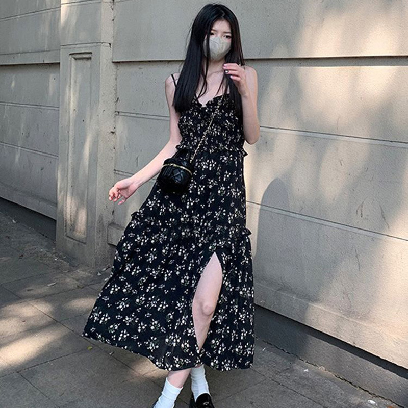 Wine one black floral dress spring female  summer new gentle long skirt French retro first love skirt