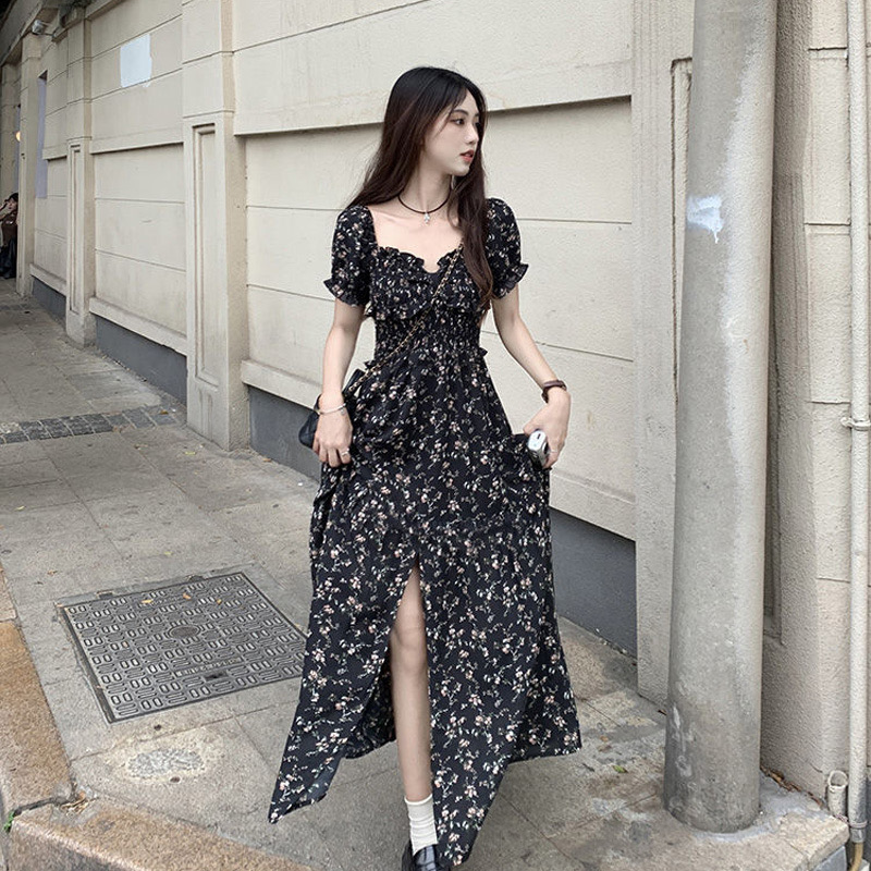 Wine one black floral dress spring female  summer new gentle long skirt French retro first love skirt