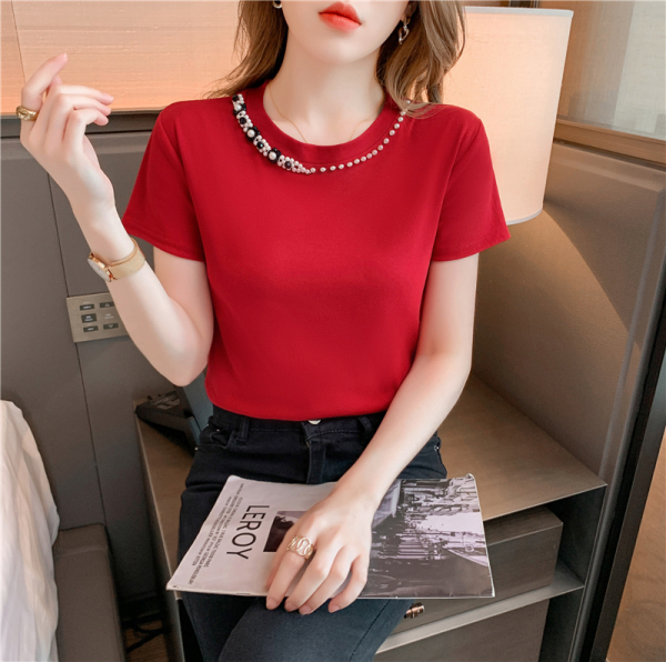 RM15351#夏新款钉珠修身性感简约圆领紧身短袖t恤女