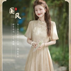 花中影禅意花叶印花 新中式立领+盘扣 清冷感国风连衣裙~