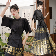 新中式国风改良汉服日常装定制织金提花缎面一片式系带马面裙