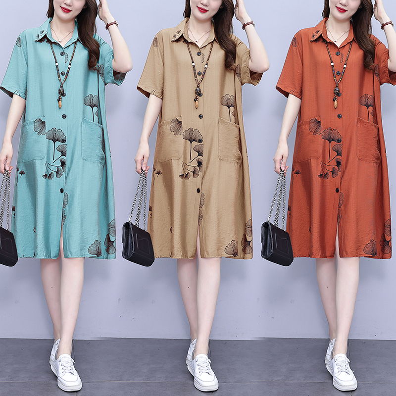 MY3567# 夏季休闲宽松型大码女装连衣裙印花衬衣中长款女裝貨源服裝批發