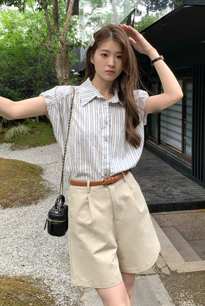 RM18366#短袖条纹衬衫女2023夏新款设计感韩版衬衣ins风小个子上...