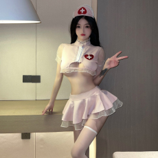 批发性感辣妹cos<b class='q'>护士</b>装粉色诱惑<b class='q'>制服</b>镂空露脐上衣荷叶边超短裙套装