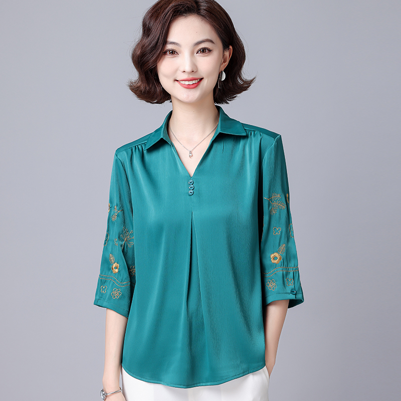 MY12830# 新款韩版绣花百搭宽松遮肚子中袖雪纺衬衫女女裝貨源服裝批發