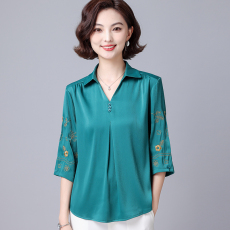 批发2025秋季新款韩版绣花百搭宽松遮肚子<b class='q'>中袖</b>雪纺衬衫女